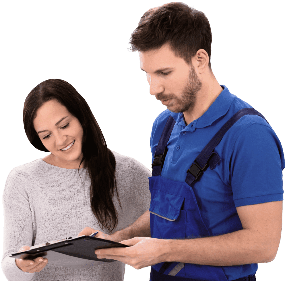 Service professional reviewing work with satisfied customer