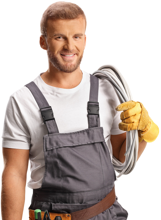A man holding a hose and wearing gloves.